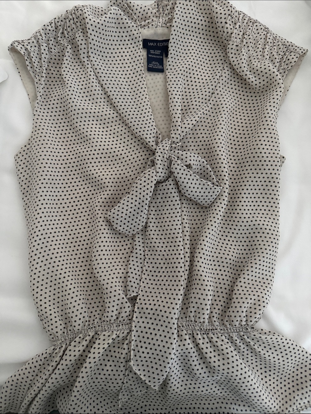 Max Edition Beige and Black Polka Dot Tie-Neck Top